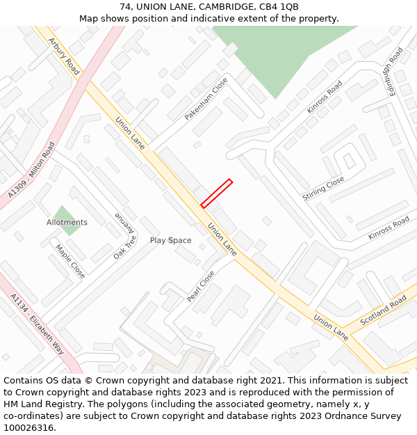 74, UNION LANE, CAMBRIDGE, CB4 1QB: Location map and indicative extent of plot