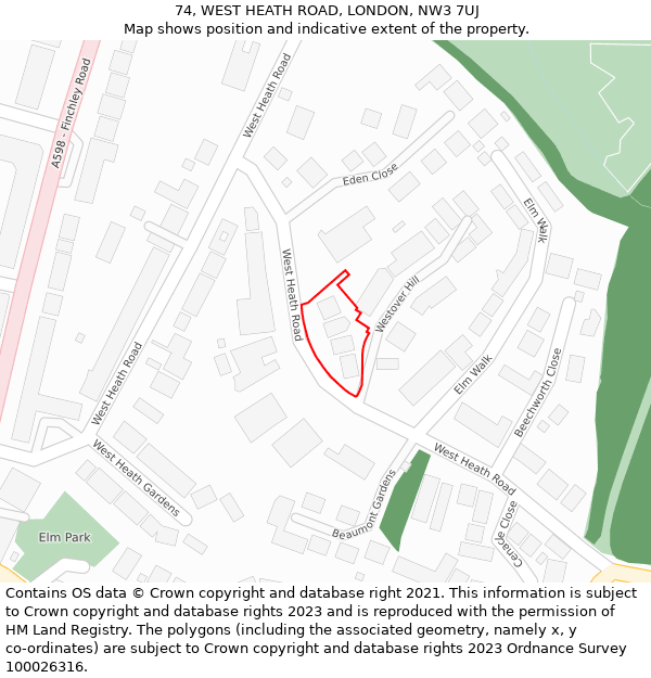 74, WEST HEATH ROAD, LONDON, NW3 7UJ: Location map and indicative extent of plot