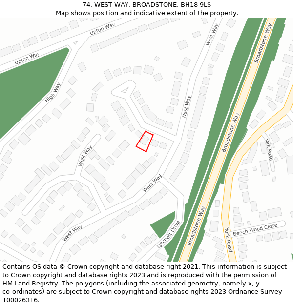 74, WEST WAY, BROADSTONE, BH18 9LS: Location map and indicative extent of plot