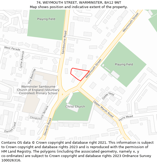 74, WEYMOUTH STREET, WARMINSTER, BA12 9NT: Location map and indicative extent of plot