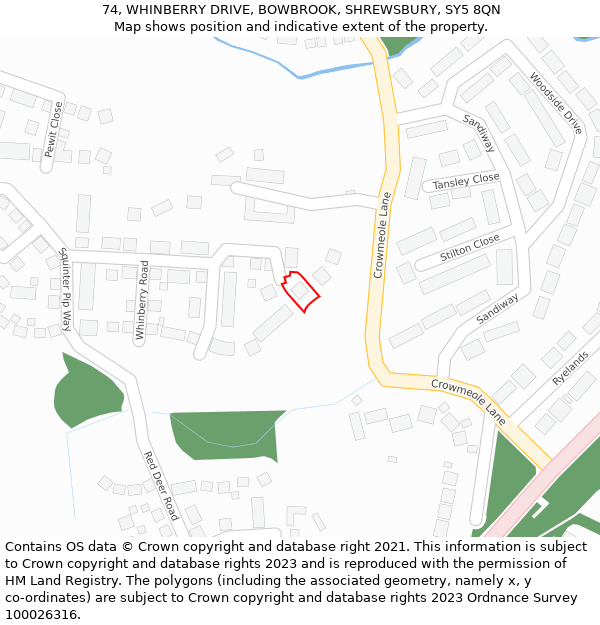 74, WHINBERRY DRIVE, BOWBROOK, SHREWSBURY, SY5 8QN: Location map and indicative extent of plot