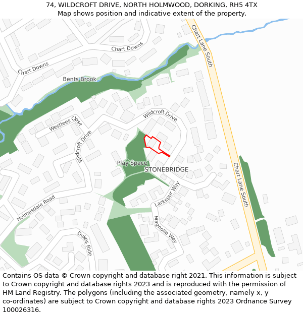 74, WILDCROFT DRIVE, NORTH HOLMWOOD, DORKING, RH5 4TX: Location map and indicative extent of plot