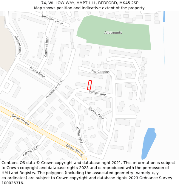 74, WILLOW WAY, AMPTHILL, BEDFORD, MK45 2SP: Location map and indicative extent of plot