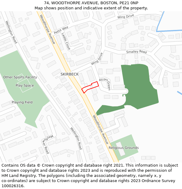 74, WOODTHORPE AVENUE, BOSTON, PE21 0NP: Location map and indicative extent of plot