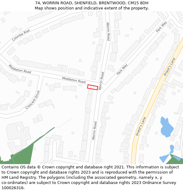 74, WORRIN ROAD, SHENFIELD, BRENTWOOD, CM15 8DH: Location map and indicative extent of plot
