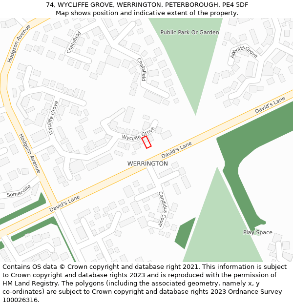 74, WYCLIFFE GROVE, WERRINGTON, PETERBOROUGH, PE4 5DF: Location map and indicative extent of plot