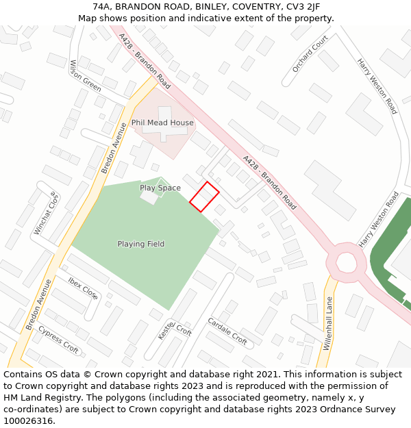 74A, BRANDON ROAD, BINLEY, COVENTRY, CV3 2JF: Location map and indicative extent of plot
