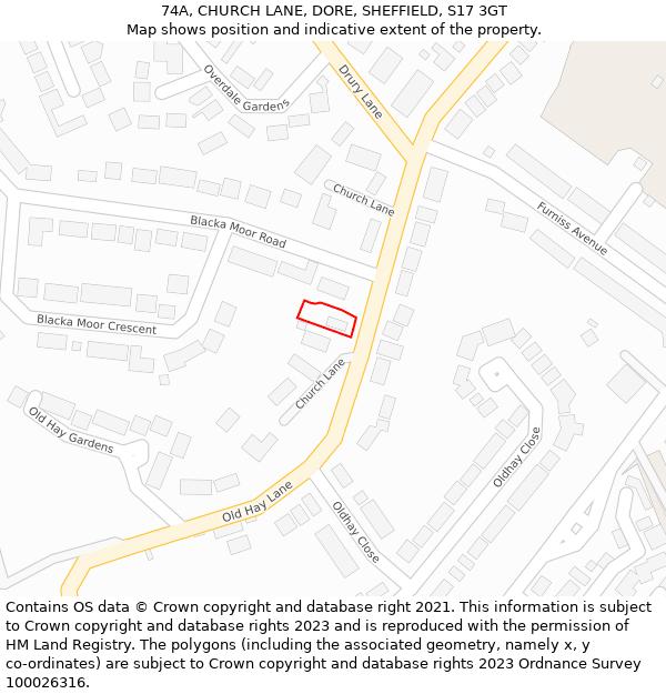 74A, CHURCH LANE, DORE, SHEFFIELD, S17 3GT: Location map and indicative extent of plot