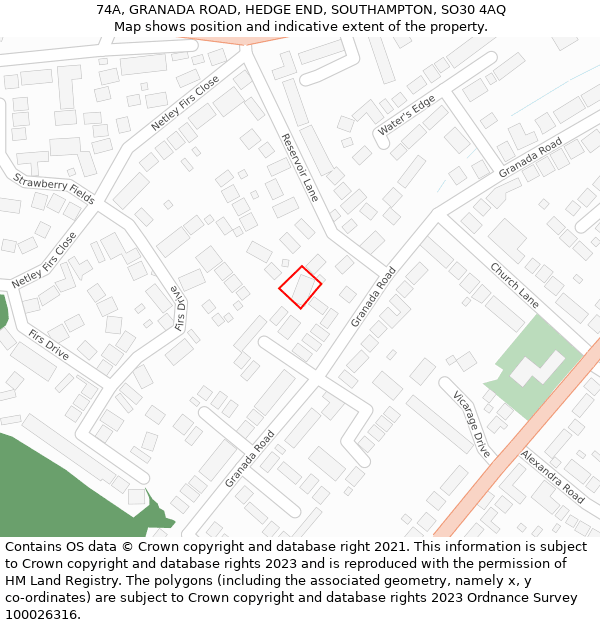 74A, GRANADA ROAD, HEDGE END, SOUTHAMPTON, SO30 4AQ: Location map and indicative extent of plot