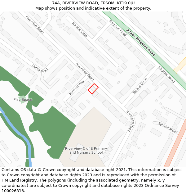 74A, RIVERVIEW ROAD, EPSOM, KT19 0JU: Location map and indicative extent of plot