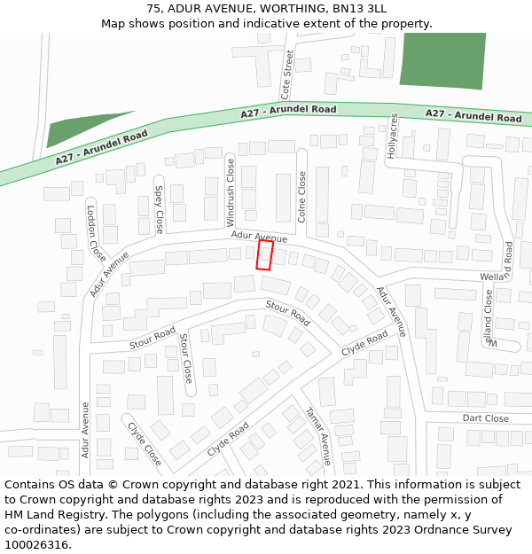 75, ADUR AVENUE, WORTHING, BN13 3LL: Location map and indicative extent of plot