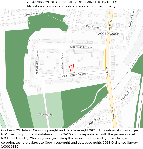 75, AGGBOROUGH CRESCENT, KIDDERMINSTER, DY10 1LG: Location map and indicative extent of plot