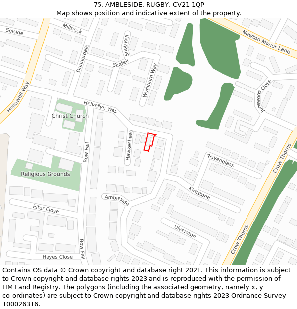 75, AMBLESIDE, RUGBY, CV21 1QP: Location map and indicative extent of plot