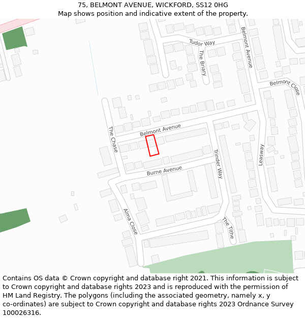 75, BELMONT AVENUE, WICKFORD, SS12 0HG: Location map and indicative extent of plot