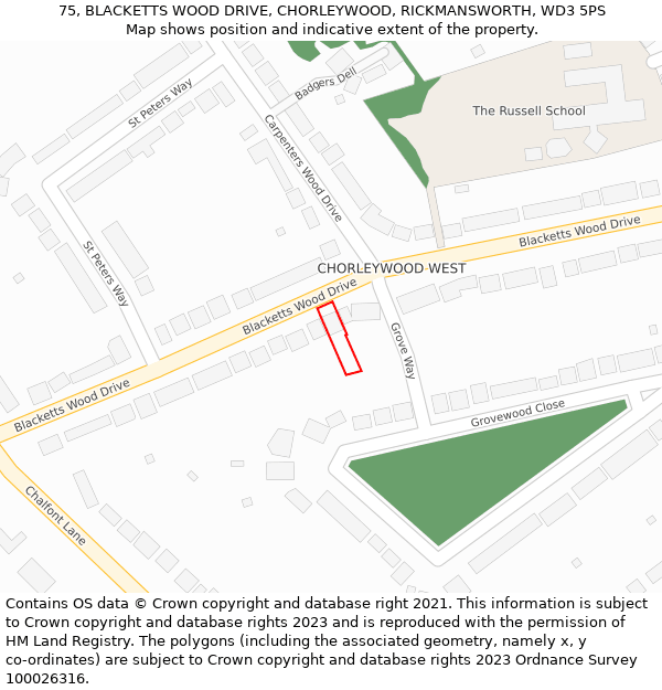 75, BLACKETTS WOOD DRIVE, CHORLEYWOOD, RICKMANSWORTH, WD3 5PS: Location map and indicative extent of plot