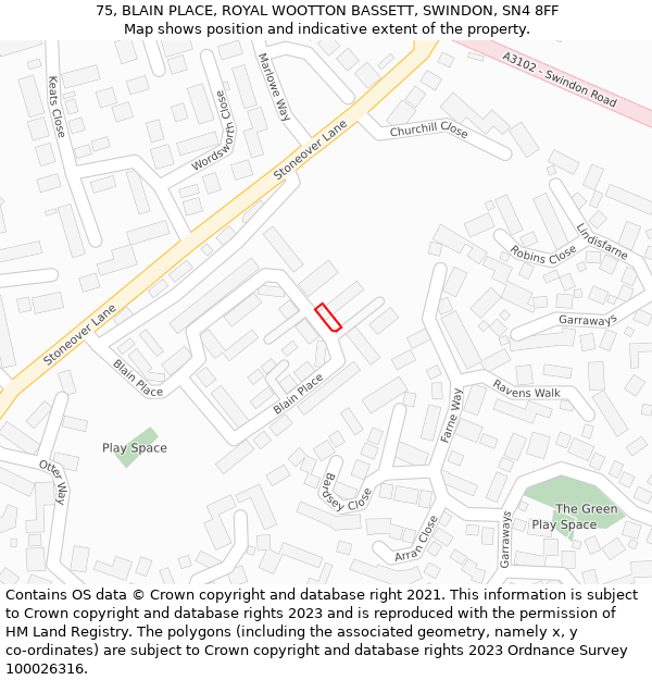 75, BLAIN PLACE, ROYAL WOOTTON BASSETT, SWINDON, SN4 8FF: Location map and indicative extent of plot