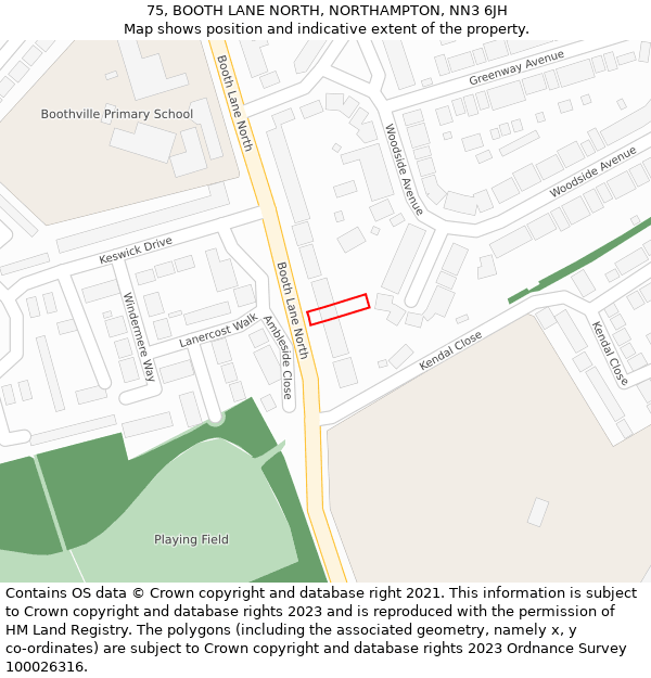 75, BOOTH LANE NORTH, NORTHAMPTON, NN3 6JH: Location map and indicative extent of plot