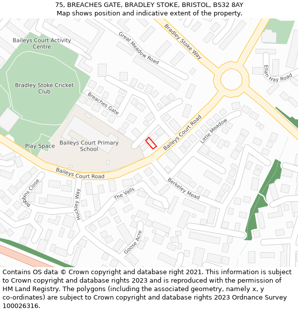 75, BREACHES GATE, BRADLEY STOKE, BRISTOL, BS32 8AY: Location map and indicative extent of plot