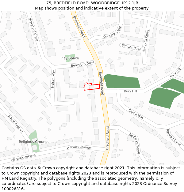 75, BREDFIELD ROAD, WOODBRIDGE, IP12 1JB: Location map and indicative extent of plot