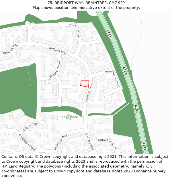 75, BRIDPORT WAY, BRAINTREE, CM7 9FP: Location map and indicative extent of plot