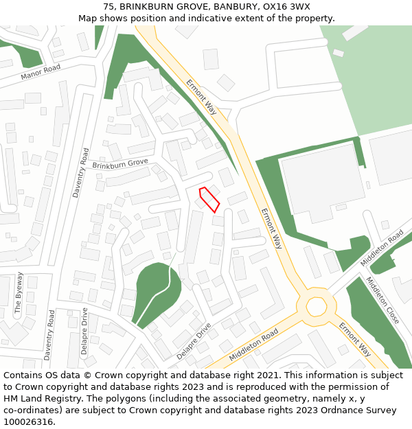 75, BRINKBURN GROVE, BANBURY, OX16 3WX: Location map and indicative extent of plot