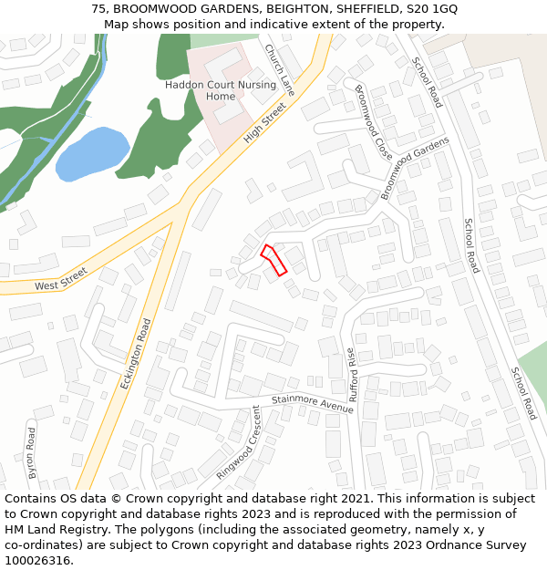 75, BROOMWOOD GARDENS, BEIGHTON, SHEFFIELD, S20 1GQ: Location map and indicative extent of plot