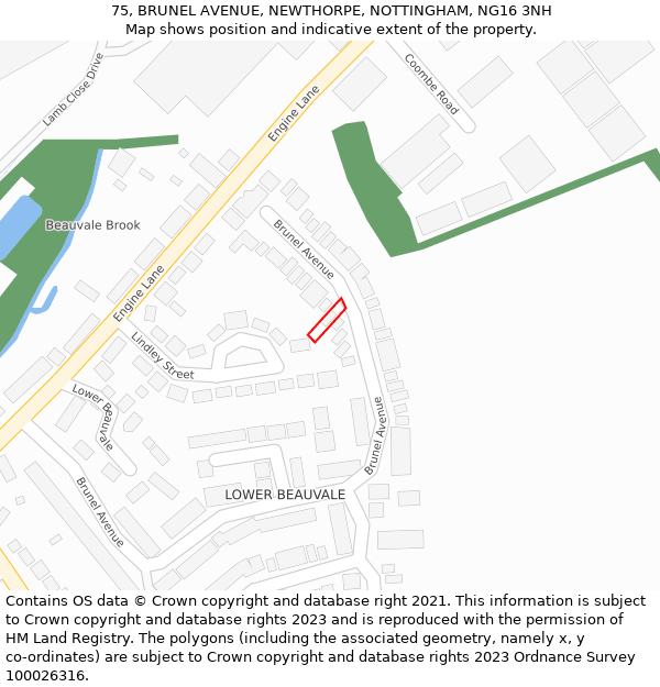 75, BRUNEL AVENUE, NEWTHORPE, NOTTINGHAM, NG16 3NH: Location map and indicative extent of plot