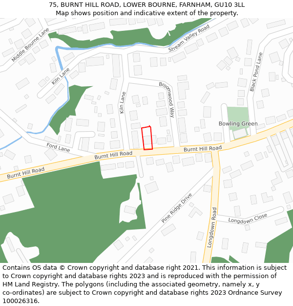 75, BURNT HILL ROAD, LOWER BOURNE, FARNHAM, GU10 3LL: Location map and indicative extent of plot