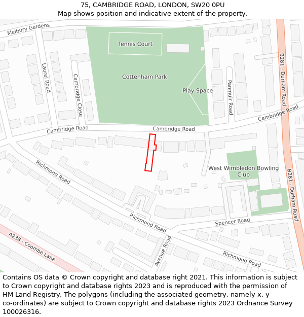 75, CAMBRIDGE ROAD, LONDON, SW20 0PU: Location map and indicative extent of plot