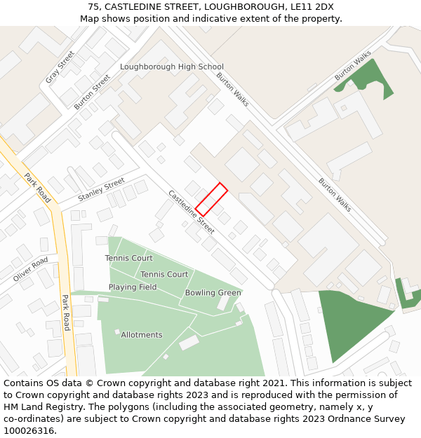 75, CASTLEDINE STREET, LOUGHBOROUGH, LE11 2DX: Location map and indicative extent of plot