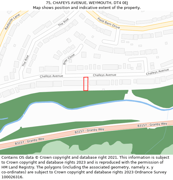 75, CHAFEYS AVENUE, WEYMOUTH, DT4 0EJ: Location map and indicative extent of plot