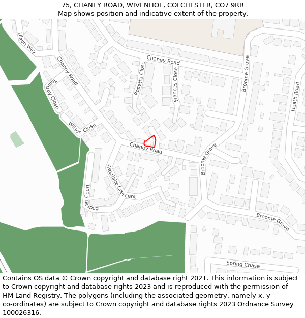 75, CHANEY ROAD, WIVENHOE, COLCHESTER, CO7 9RR: Location map and indicative extent of plot