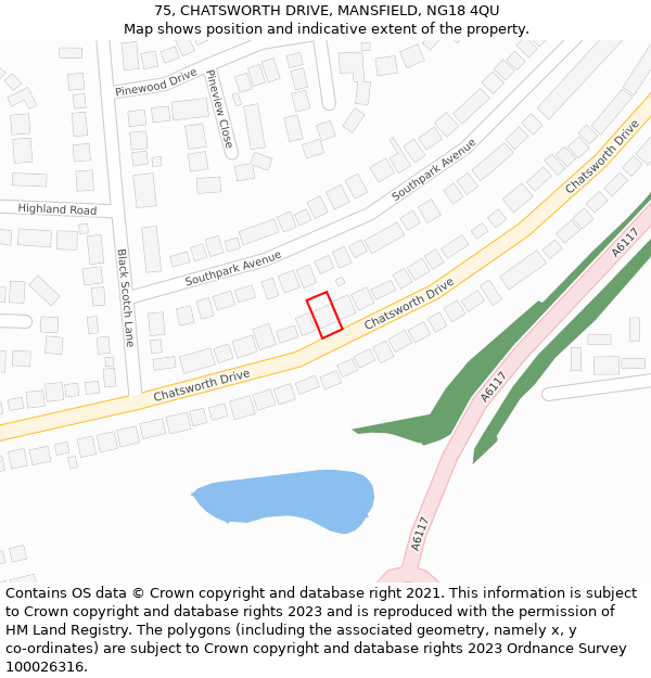 75, CHATSWORTH DRIVE, MANSFIELD, NG18 4QU: Location map and indicative extent of plot