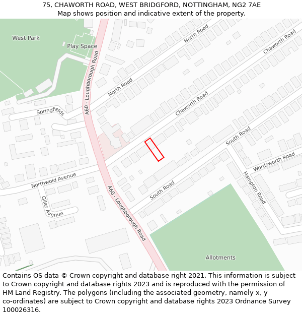 75, CHAWORTH ROAD, WEST BRIDGFORD, NOTTINGHAM, NG2 7AE: Location map and indicative extent of plot