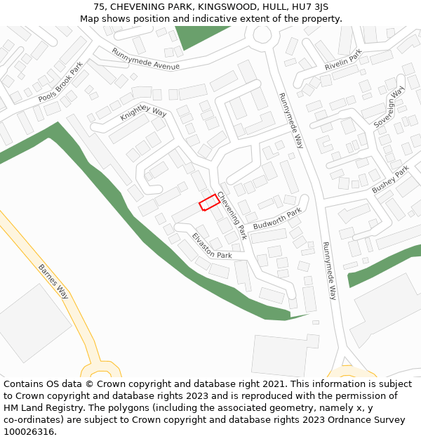 75, CHEVENING PARK, KINGSWOOD, HULL, HU7 3JS: Location map and indicative extent of plot