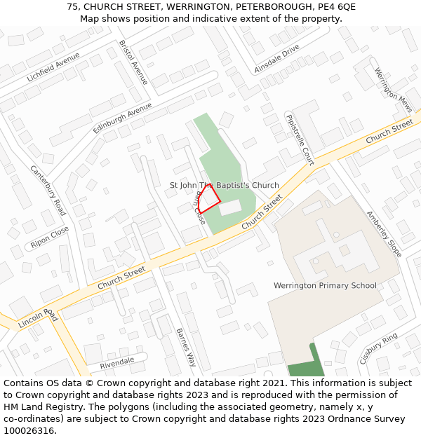 75, CHURCH STREET, WERRINGTON, PETERBOROUGH, PE4 6QE: Location map and indicative extent of plot