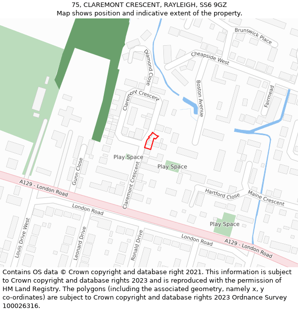 75, CLAREMONT CRESCENT, RAYLEIGH, SS6 9GZ: Location map and indicative extent of plot