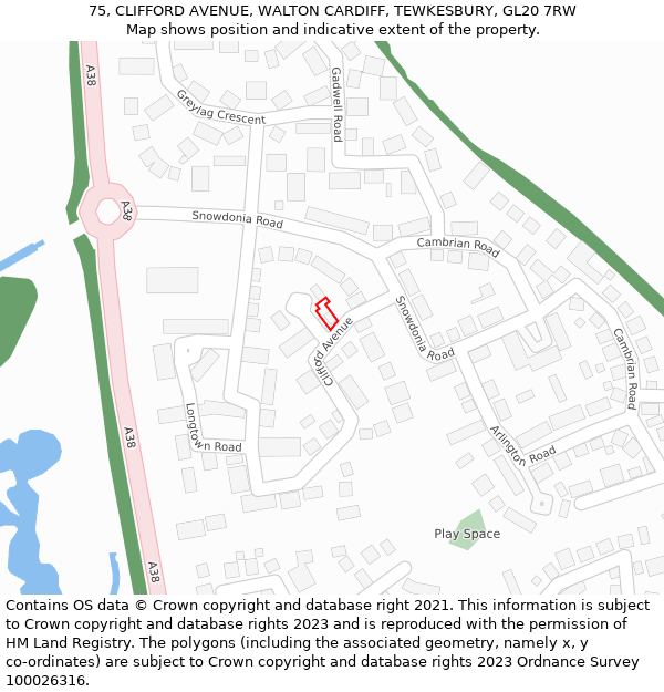 75, CLIFFORD AVENUE, WALTON CARDIFF, TEWKESBURY, GL20 7RW: Location map and indicative extent of plot