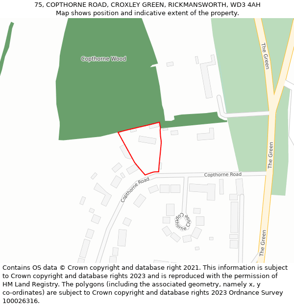 75, COPTHORNE ROAD, CROXLEY GREEN, RICKMANSWORTH, WD3 4AH: Location map and indicative extent of plot