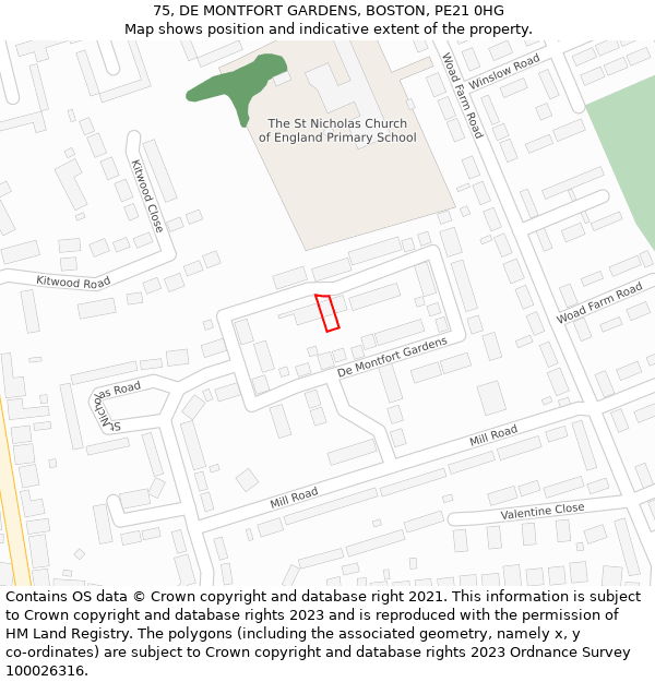 75, DE MONTFORT GARDENS, BOSTON, PE21 0HG: Location map and indicative extent of plot