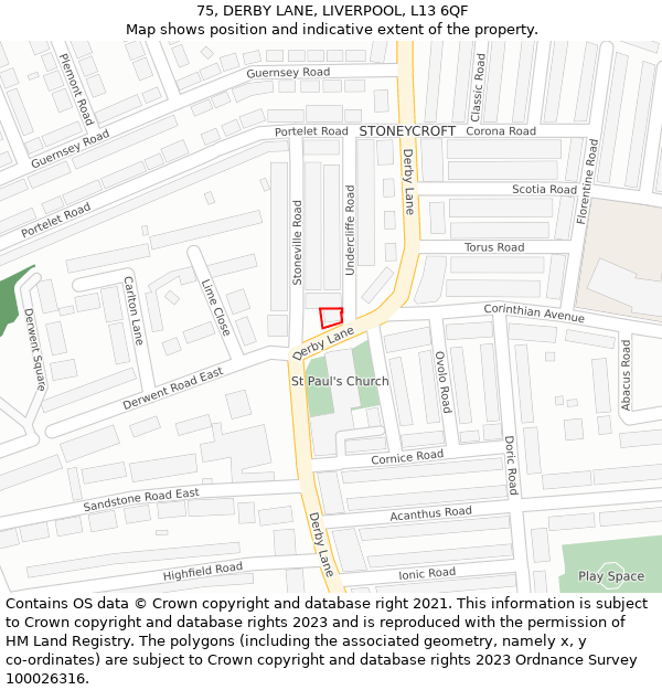 75, DERBY LANE, LIVERPOOL, L13 6QF: Location map and indicative extent of plot