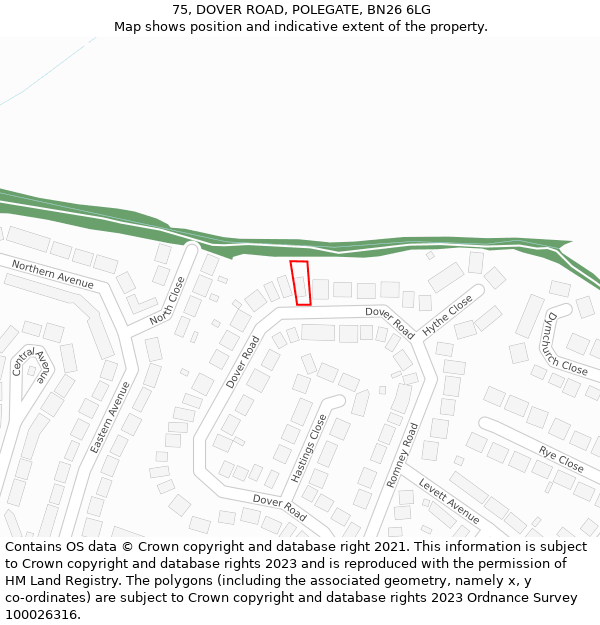 75, DOVER ROAD, POLEGATE, BN26 6LG: Location map and indicative extent of plot