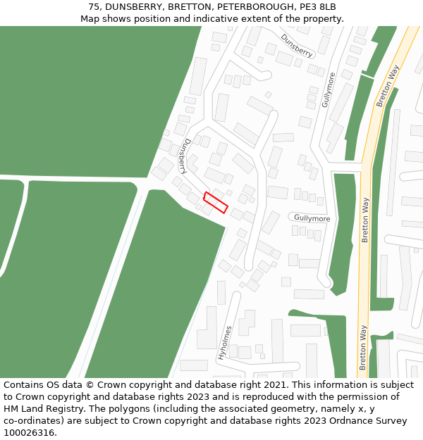 75, DUNSBERRY, BRETTON, PETERBOROUGH, PE3 8LB: Location map and indicative extent of plot