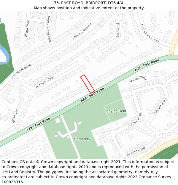 75, EAST ROAD, BRIDPORT, DT6 4AL: Location map and indicative extent of plot