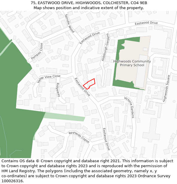 75, EASTWOOD DRIVE, HIGHWOODS, COLCHESTER, CO4 9EB: Location map and indicative extent of plot