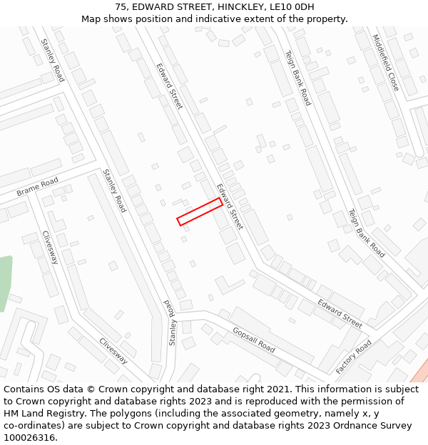 75, EDWARD STREET, HINCKLEY, LE10 0DH: Location map and indicative extent of plot