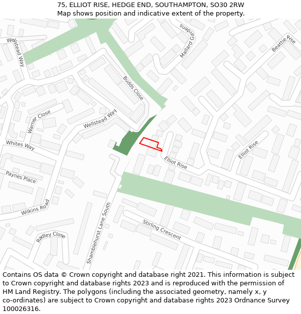 75, ELLIOT RISE, HEDGE END, SOUTHAMPTON, SO30 2RW: Location map and indicative extent of plot