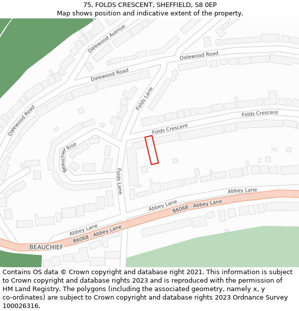 75, FOLDS CRESCENT, SHEFFIELD, S8 0EP: Location map and indicative extent of plot