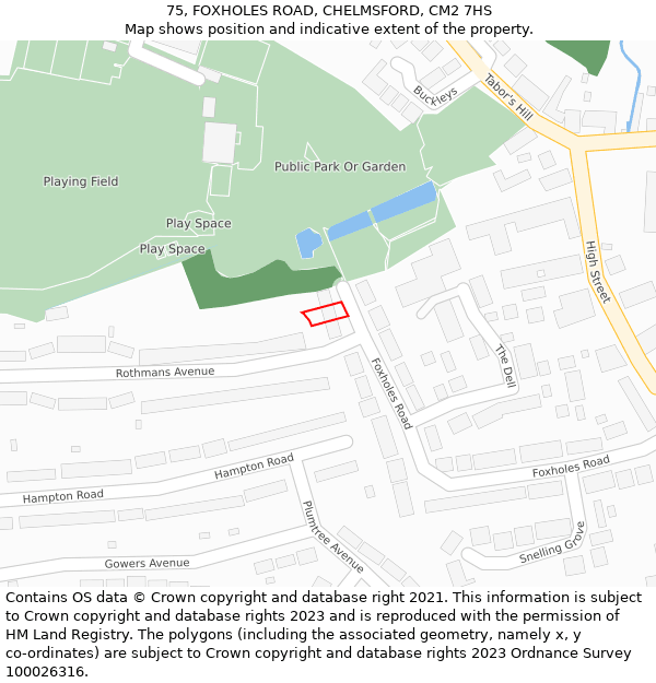 75, FOXHOLES ROAD, CHELMSFORD, CM2 7HS: Location map and indicative extent of plot