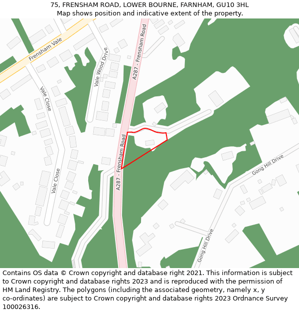 75, FRENSHAM ROAD, LOWER BOURNE, FARNHAM, GU10 3HL: Location map and indicative extent of plot